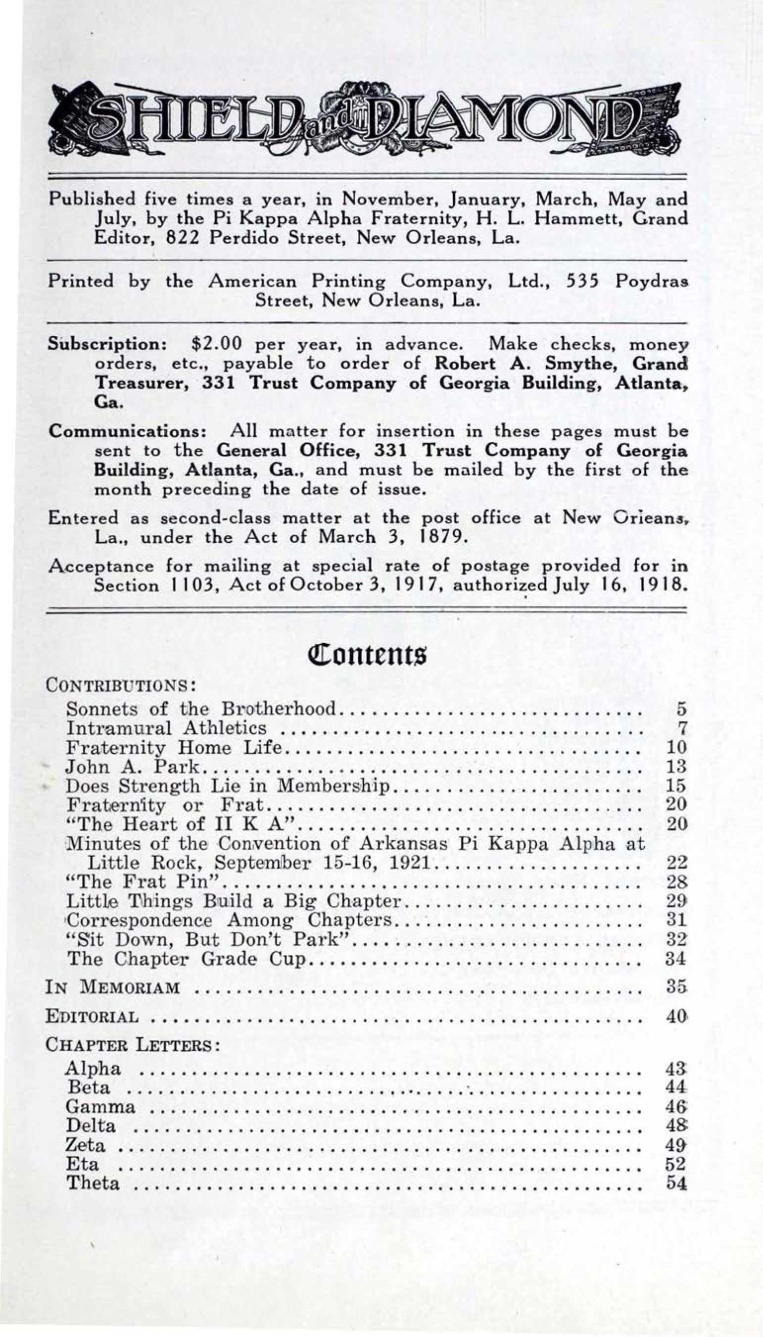Shield and Diamond, Vol. 31, No. 1, November 1921